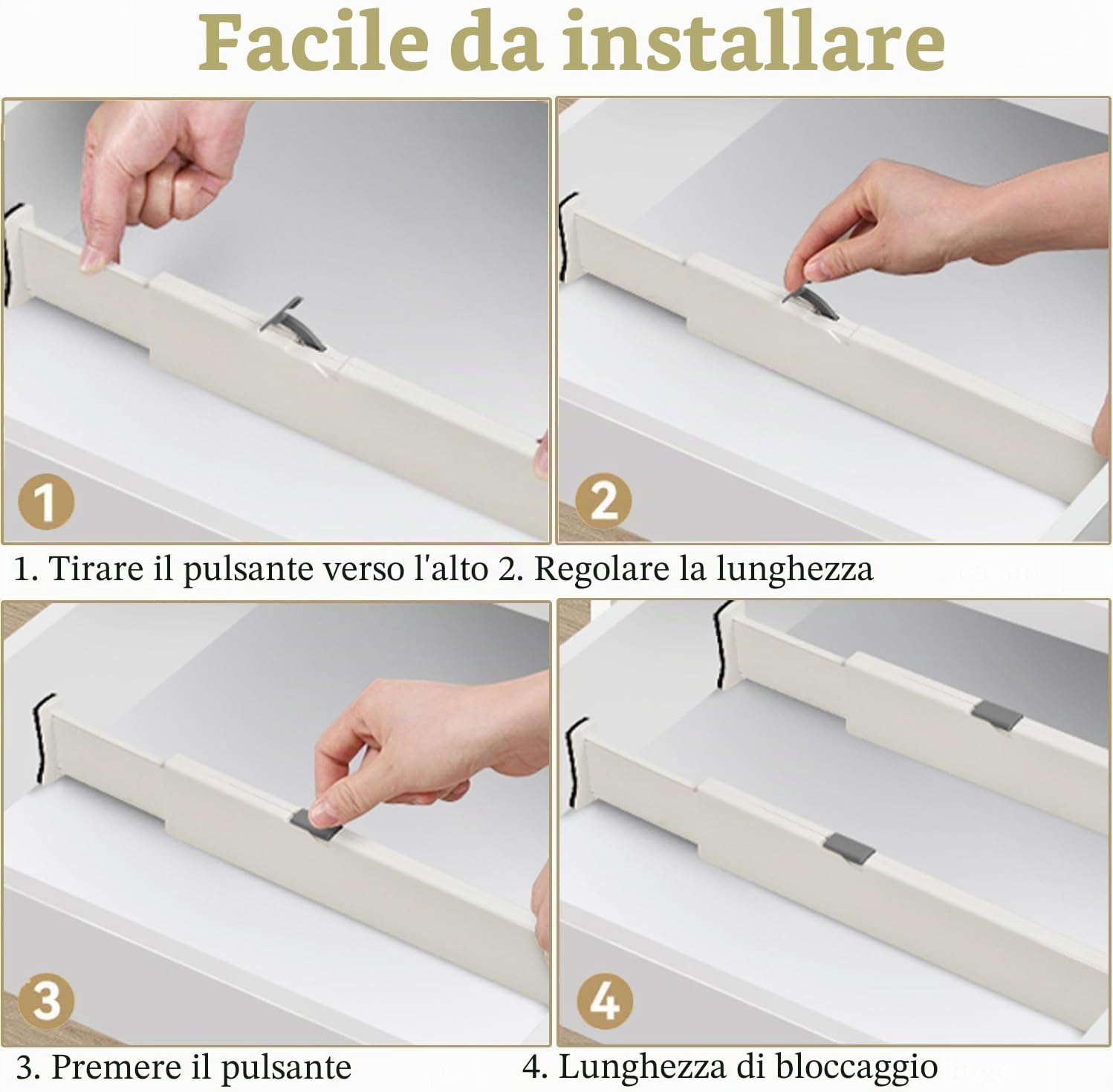 SENENQU Divisori per Cassetti 6 Pezzi Regolabili Bianchi 34-54 Cm | Separatori per Cassetti, Organizer Cucina, Bagno, Armadio e Intimo 6 cm in PP per Casa e Armadio