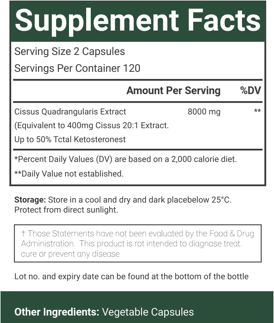 Cissus Quadrangularis Extract Capsules, 8000 mg per Serving, 240 Count - 120 Servings, Gluten Free, Non-GMO, and Vegetarian Friendly - Image 6