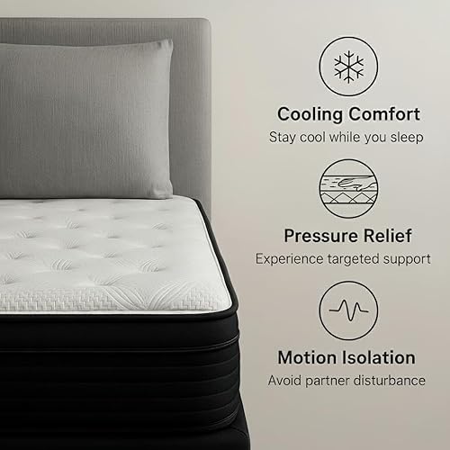 Miniatura 3 de Colchón híbrido tamaño matrimonial de 13 pulgadas con funda de enfriamiento de cambio de fase y espuma viscoelástica de felpa, cama suave con