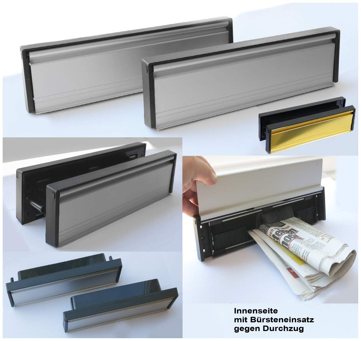 Briefeinwurf mit Schacht + mit Bürste-Aluminium und poliert-305 x 65 mm-Briefeinwurf-Briefklappe-Briefschlitz (Alu. schwarz-Kanten schwarz)