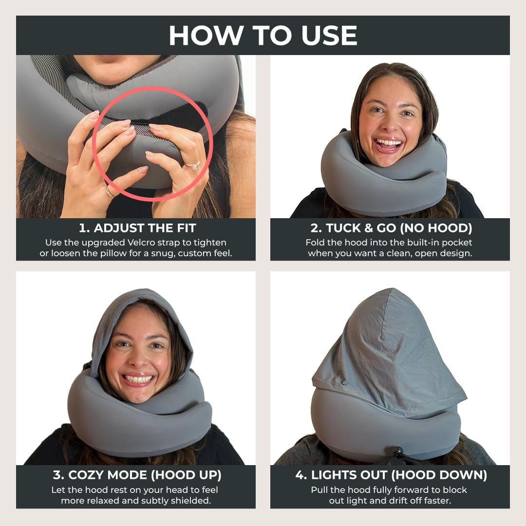 FlyHugz® 2.0 Hooded Travel Pillow – 2025 Original Release – Memory Foam Neck Pillow with Adjustable Hood & Premium Elastic Washable Cover – First Class Comfort for Flights, Road Trips & Sleep-Gray.