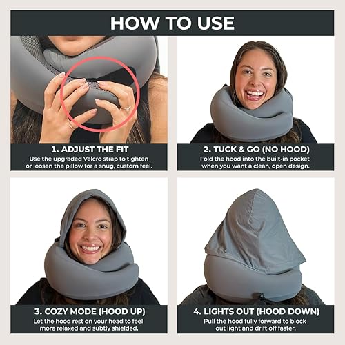 Miniatura 4 de FlyHugz Almohada de viaje con capucha 2.0  Versión original 2025  Almohada de cuello de espuma viscoelástica con capucha ajustable y funda elástica