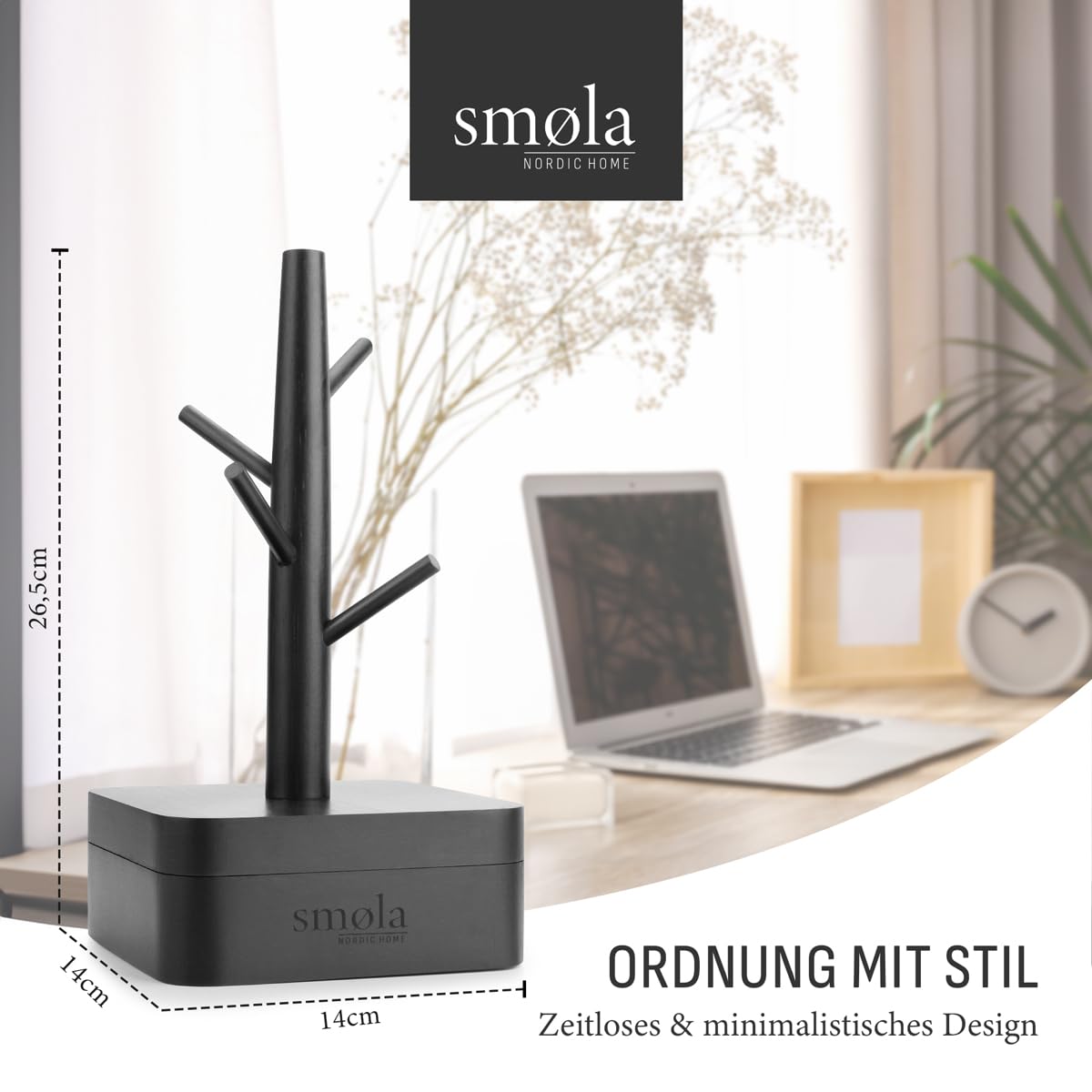 smøla Sieradenboom, zwart, van hout, 4 niveaus met opbergdoos, sieradenorganizer, sieradenstandaard voor kettingen, oorbellen, ringen, decoratieve sieradenopslag
