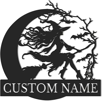 Custom Witch And Owl Metal Wall Art,Custom Witch Metal Wall Art,Personalized Moon Witch Riding Broom Name Sign, Enchanting Witch Design, Unique Wall Decor for Halloween, Fantasy Lovers Style-1
