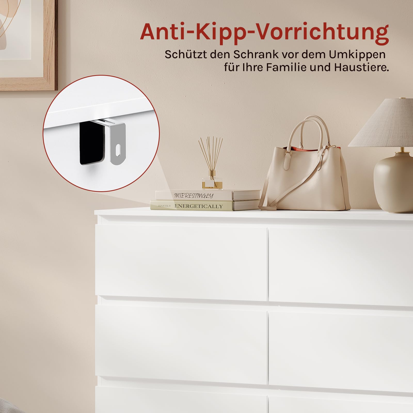 WOLTU Kommode mit 6 Schubladen, Moderner Schubladenschrank für Wohnzimmer, Schlafzimmer oder Flur, aus Holzwerkstoff, 100x69x36 cm, Weiß, KMD007ws