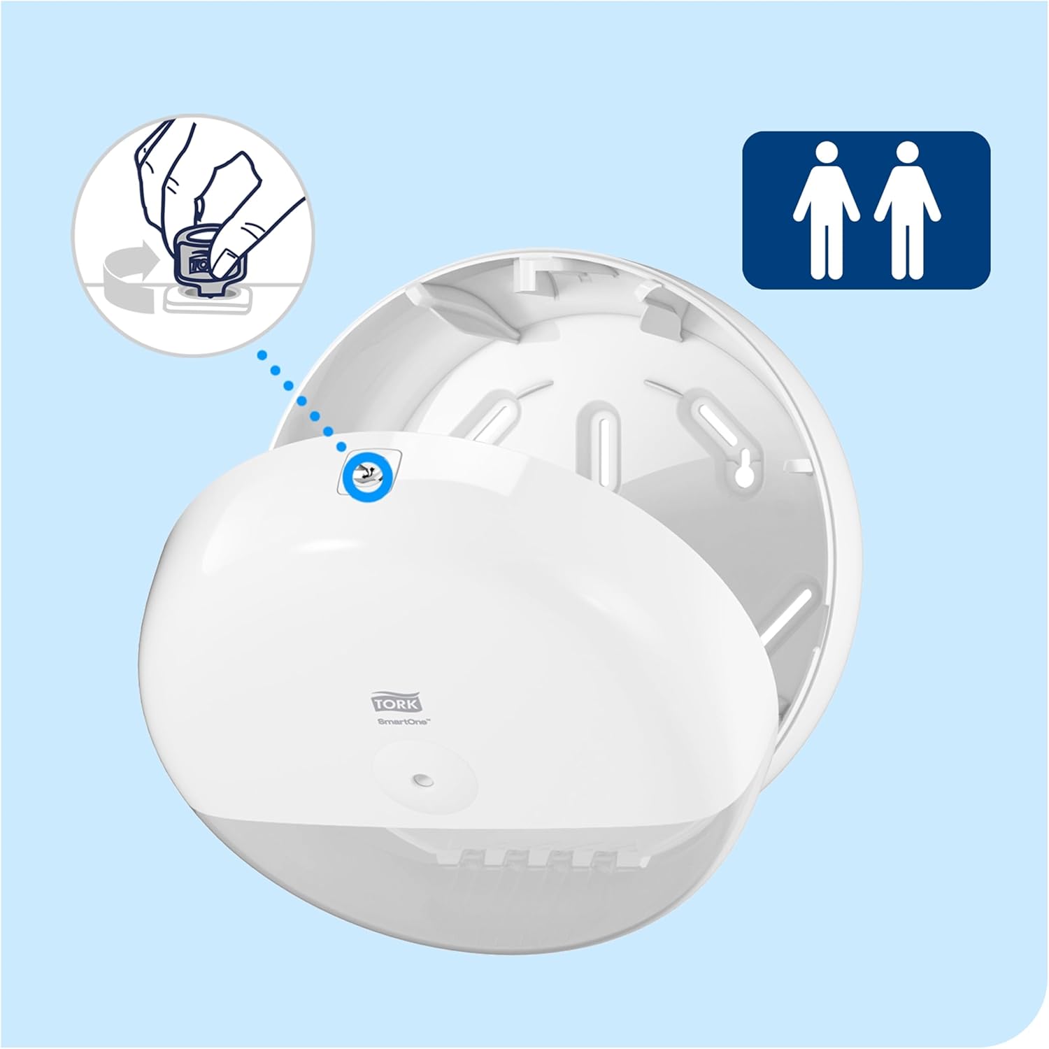 Tork SmartOne Dispenser open, showing mounting points and keyhole