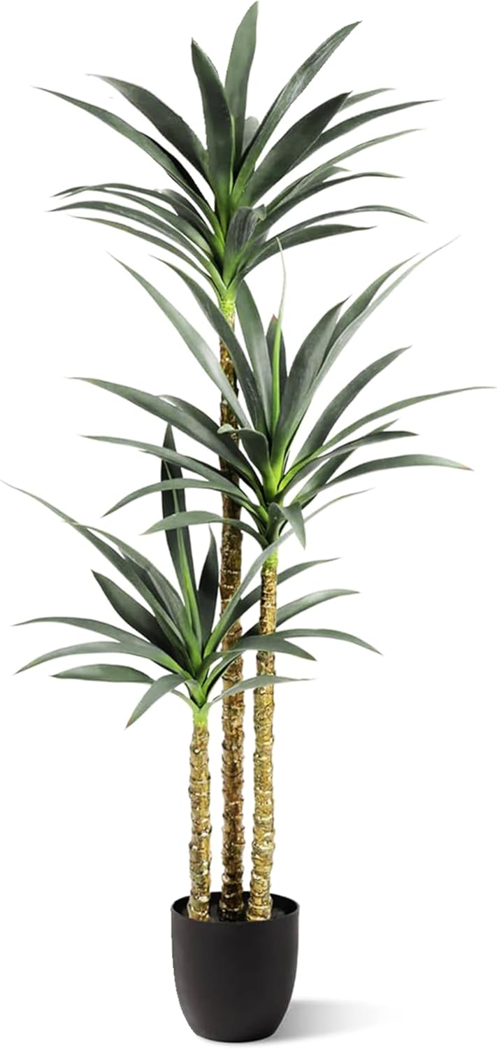 Hyper Realistic Dracaena 5ft Tall - Real Touch & VU Protected Faux Yucca Floor Plant in Pot- Artificial Agave Plant Fake Tree with Black Planter Indoor Outdoor Patio Decor