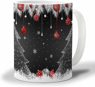 Coffee Mug, Merry Christmas Balls Pine Needles Snowflake Xmas Tree Black Tea Cup for Women and Men, Gifts for Mothers Day Nurse Gift Graduation Gift
