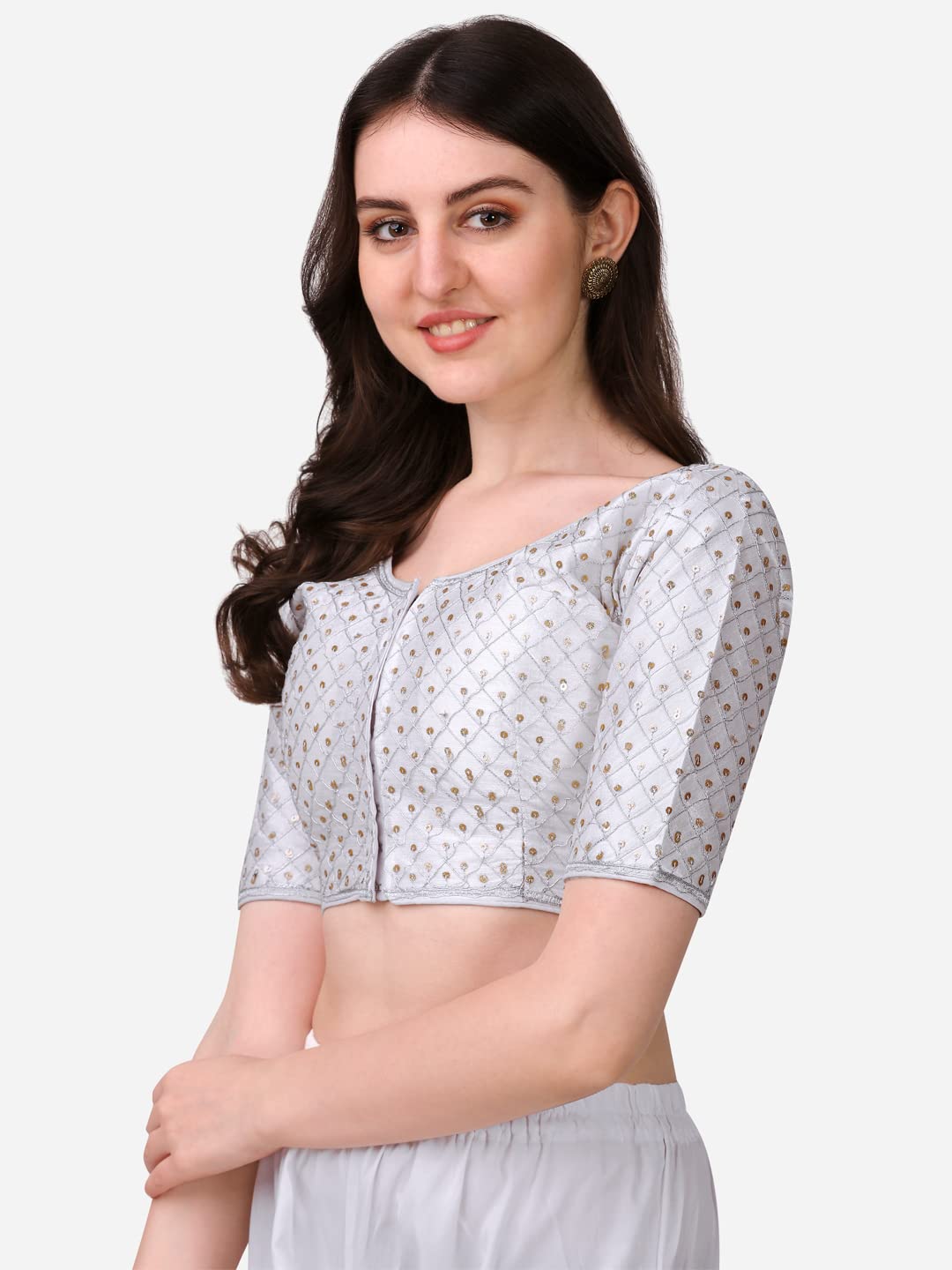 Pujia Mills Women's Embroidery Half Sleeve Silk Readymade Blouse (Banke_Silver_38)