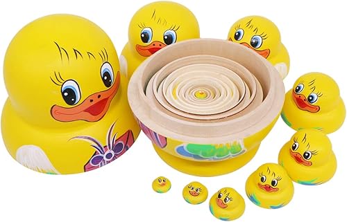 Miniatura 7 de Winterworm Juego de 10 muñecas de madera hechas a mano con diseño de pato amarillo de vientre grande para niños, regalo de Navidad, cumpleaños,