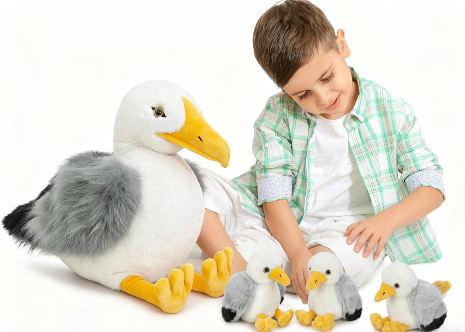 MaoGoLan 4Pcs Big Seagull Stuffed Animal with Babies Inside,17.7" Mama Seagull Plush with Three Adorable Baby Seagull Plushies for Small Hand,Beach Plush Lover Gift for Kids,Boys,Girls