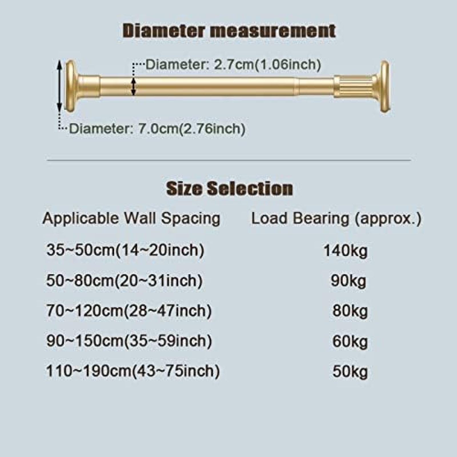 D Asta in acciaio inox Teon Rod senza trapano telescopico ain Rod Multifunctal per armadio finestra porta camera Det 110-190 cm (43-75 pollici)