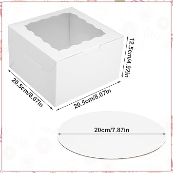 saerryor 8 Pcs 8 Inch White Cake Boxes with Window and Cake Boards | Sturdy Cardboard Material, Clear Window Display, Cakes Containers for Bakery Cookies Dessert Wedding Birthday Party