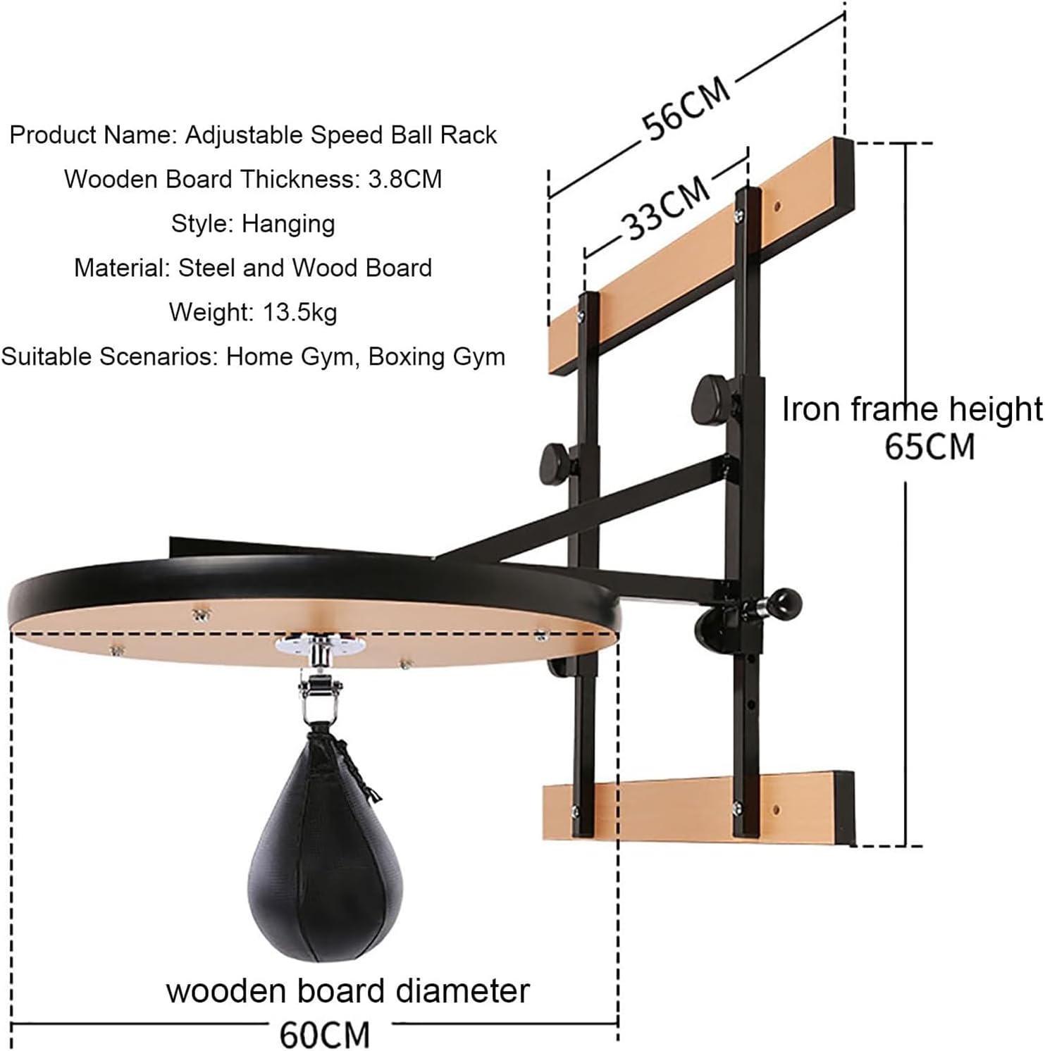 Wall-Mounted Punching Ball with Stand/Ball, Adjustable Speed Bag Platform, Height Adjustment 0-20cm, 360° Rotation Bearing, 3.8 Cm Wooden Board, for Home Gym Boxing Training