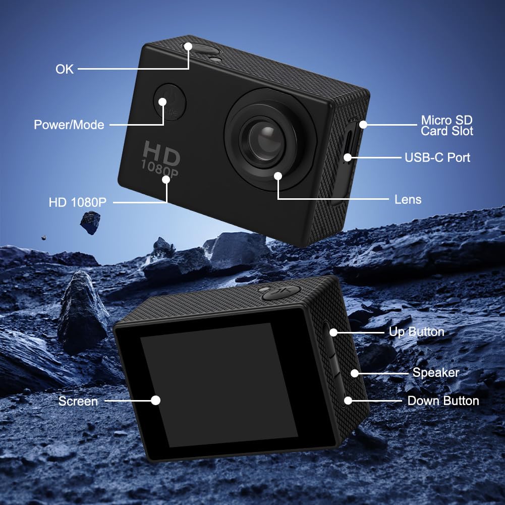 Aolso Caméra Sport 1080P FHD, Etanche 30M Caméra d'action Grand Angle, Action Cam 30FPS avec Écran LCD de 2 Pouces, 140° Camérasous, Incluse Carte SD 32GB et Rechargeables Batteries 900mAh