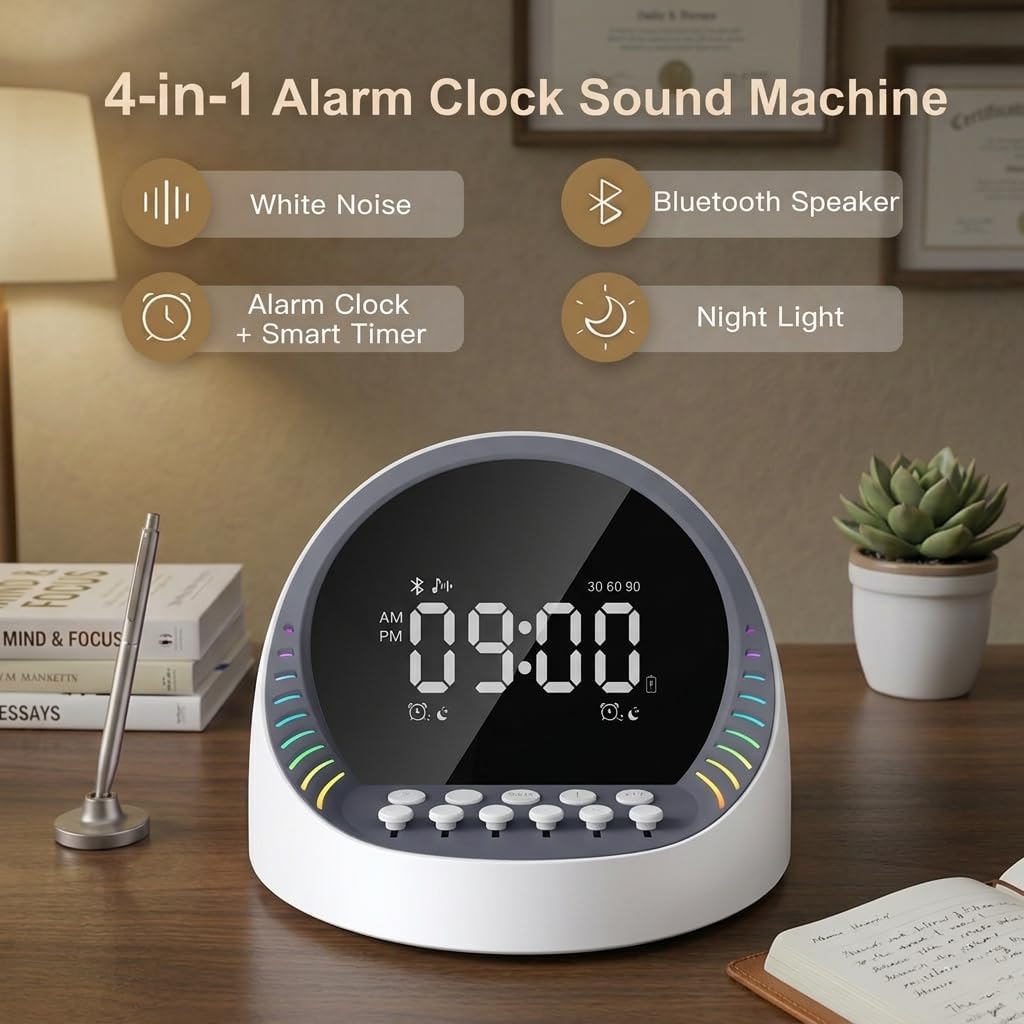 White Noise Sound Machine with Bluetooth Speaker, 6 Mixable Nature Sounds & 6-Color Night Light, Alarm Clock, Sleep Timer for Adults, Kids, Baby Sleeping, Bedroom, Office