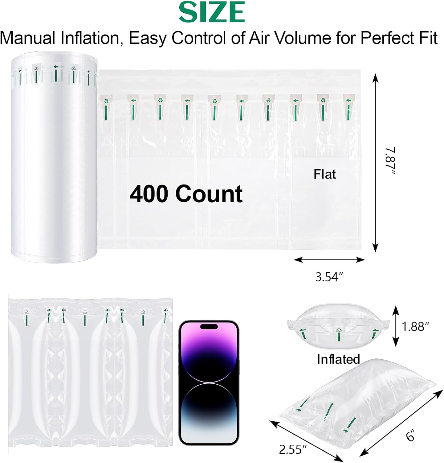 Air Pillows for Shipping with Hand Pump - 400 Count 3.54 x 7.87 in 50 Gallons Air Cushion– Inflatable Air Bags - Box Filler Packing Materials - Alternative to Packing Peanuts & Bubble Wrap