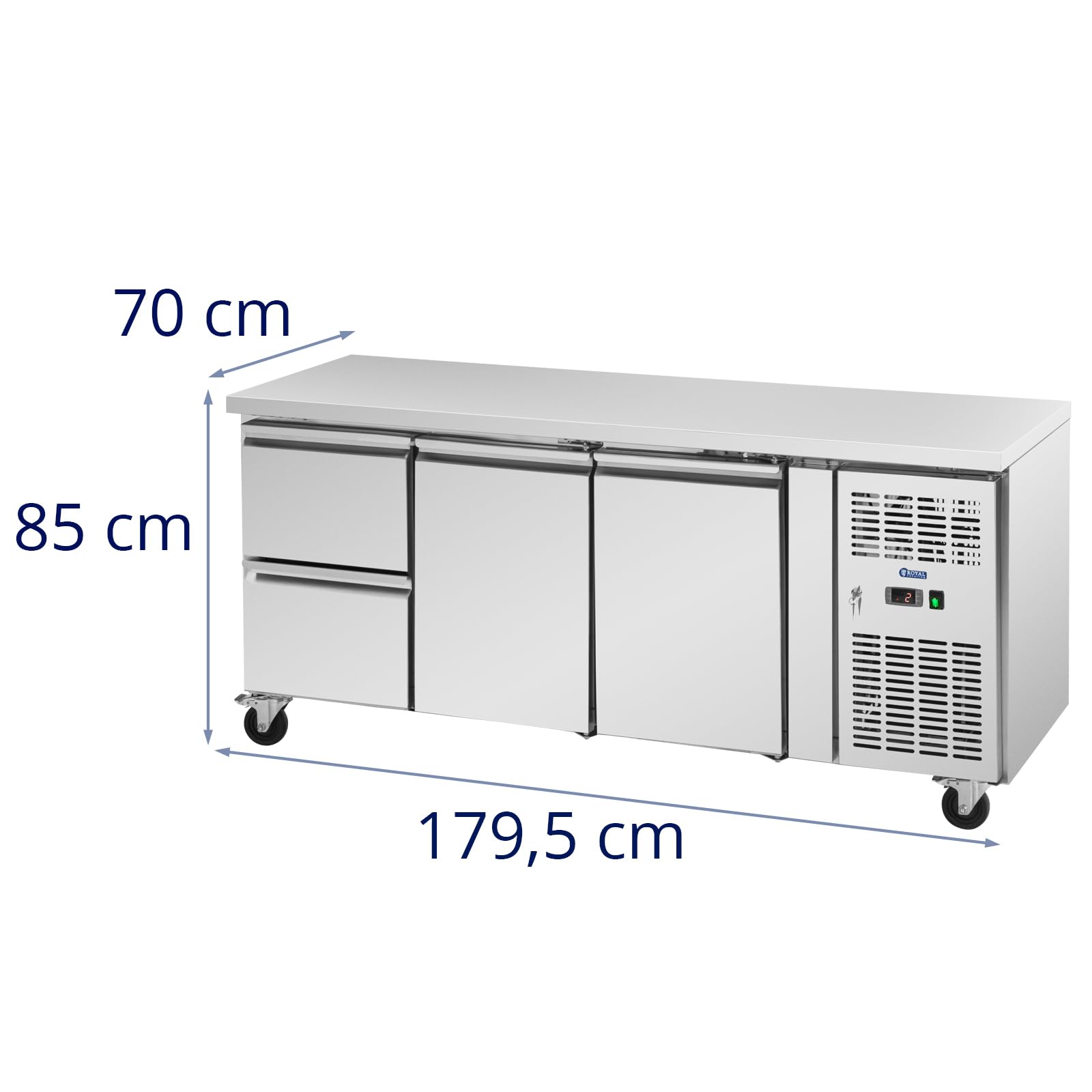 Royal Catering Table réfrigérée sur roulettes 410 l avec 2 compartiments et 2 tiroirs 179,5 x 70 cm Classe B en inox - Table frigo Desserte réfrigérée Table froide