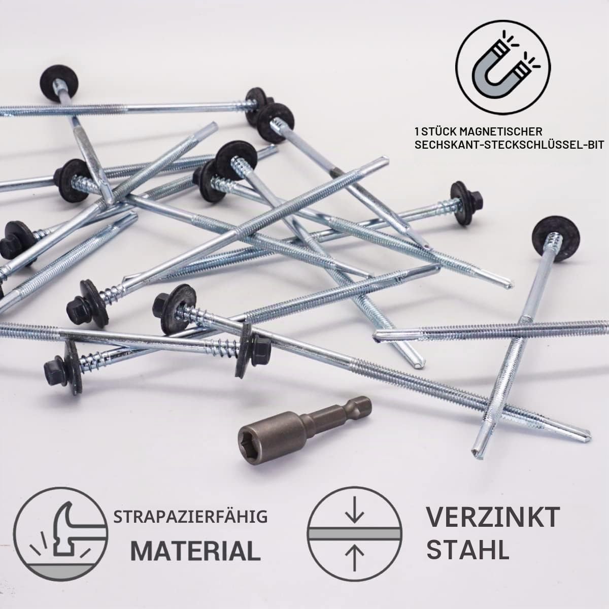 (50 Stück) Lackierte selbstbohrende 5,5 x 150 mm Schrauben mit EPDM-Unterlegscheiben für Sandwichplatten, Sechskantkopf (Anthrazitgrau, RAL 7016)