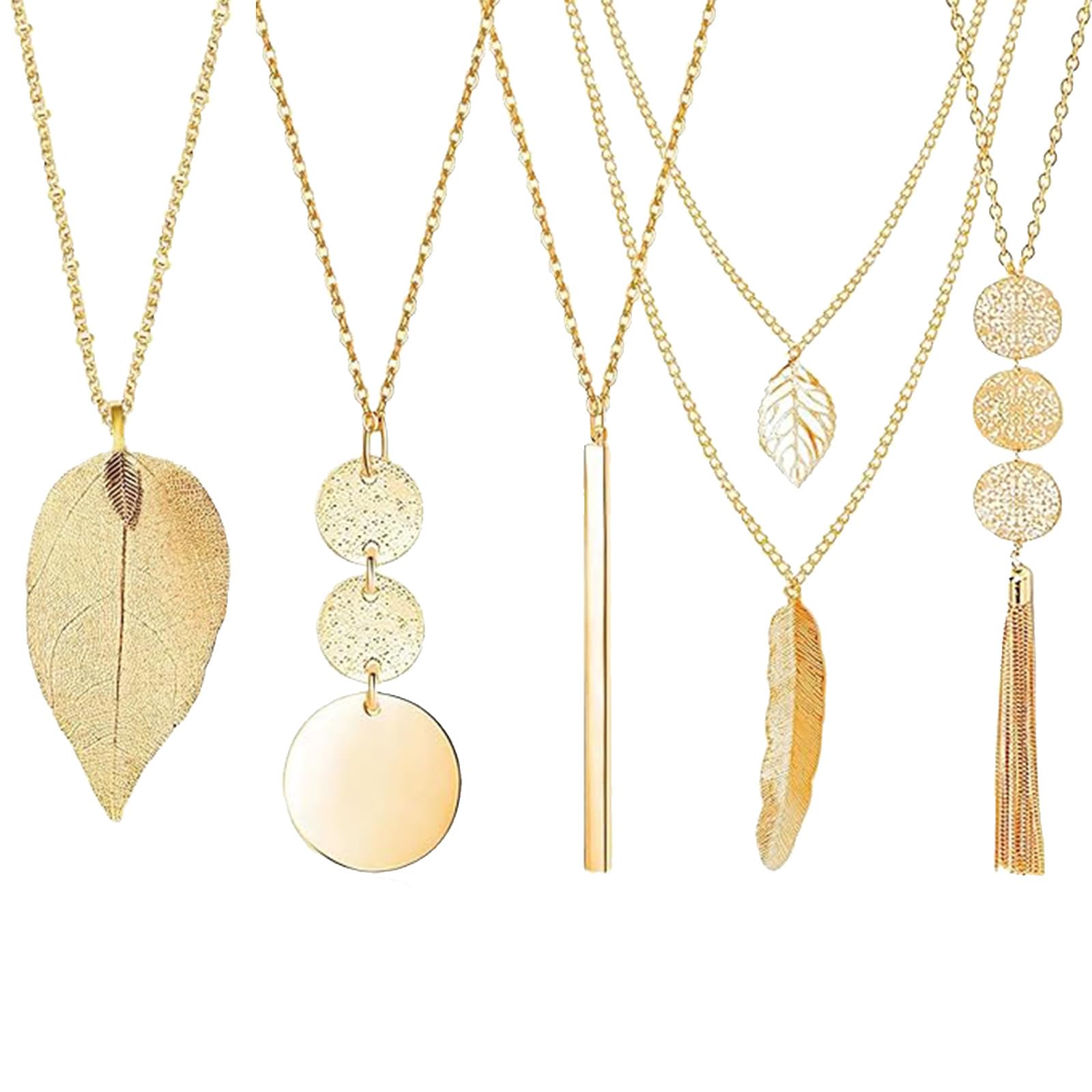 Milacolato 6 stuks halskettingen dames lange halskettingen voor vrouwen boho ketting kwasthanger boho ketting cirkel knoop bar veer blad trui ketting statement halsketting voor vrouwen, Metaal