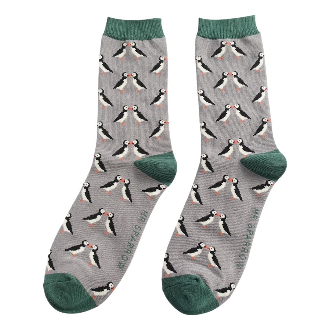 Mr Sparrow Kissing Puffins on Grey Mens Novelty Ankle Socks Adult One Size