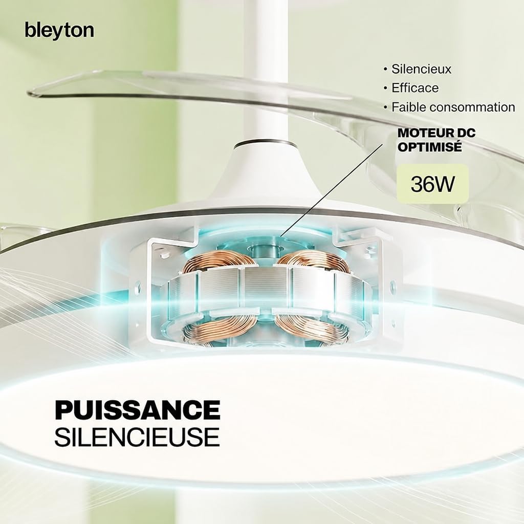 BLEYTON Ventilateur de plafond à pales rétractables moteur CC silencieux 36W 107 cm | Ventilateur NOVA avec commande par télécommande et WIFI, App et Voix | Couleur Blanc Lumière LED | 6 vitesses |
