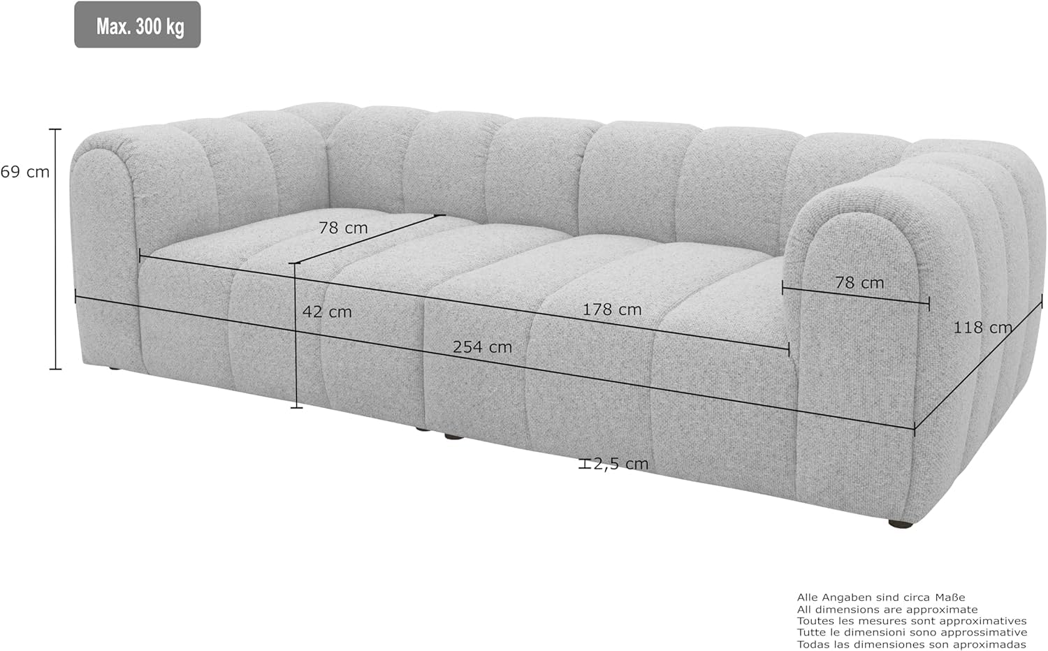 DOMO. collection Sofa Salto, 3-Sitzer Bigsofa mit Taschenfederkern, 3er Couch, Modulsofa, Polstergarnitur, 118 x 254 x 69 cm (BxTxH), beige