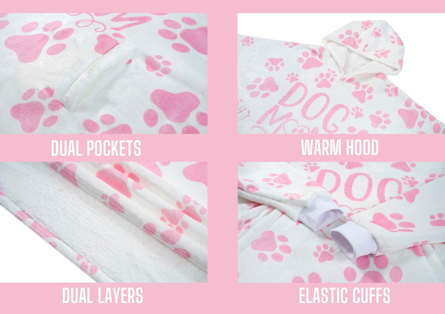 Dog Mum Gifts for Women Wearable Blanket Hoodie for Adults Oversized Flannel Hooded Blanket Big Sweatshirt, One Size 170x122 CM, Pink - Image 4