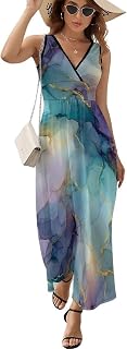 Alcohol Ink Marble Women's Sleeveless Maxi Dress V Neck Beach Cover Up Dresses