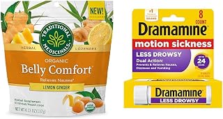 Traditional Medicinals Organic Belly Comfort Lemon Ginger Lozenges 30 Count and Dramamine Motion Sickness Relief Less Drowsy Formula 8 Count