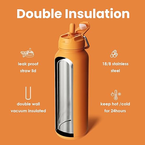 Miniatura 6 de BOTTLE BOTTLE Botella de agua deportiva de 40 oz botella de agua aislada de acero inoxidable con popote y soporte para pastillas (naranja)