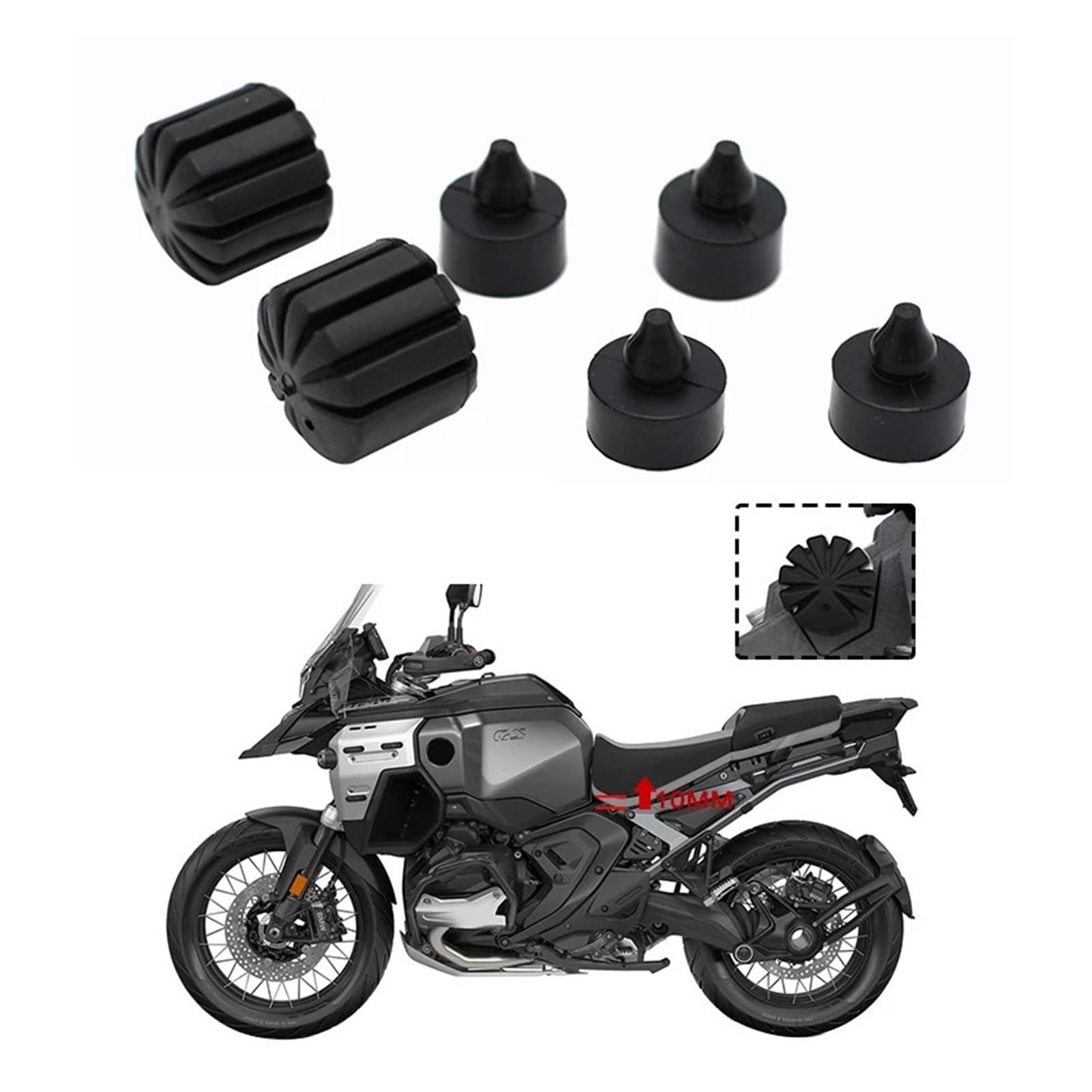 Kit De Rehausse De Selle 10 Mm Pour BMW R1300GS / R1300GS ADV 2023-2024 – 6 Cales En Caoutchouc Noir
