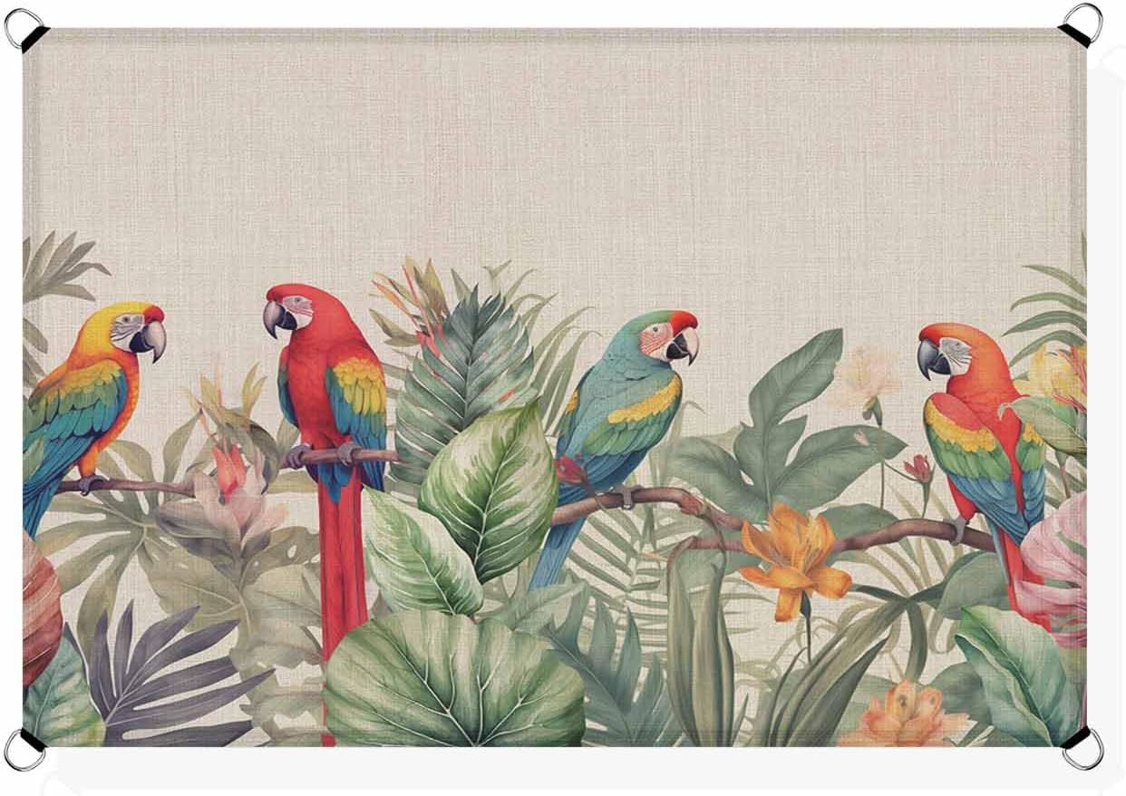 Sun Shade Sail, Summer Tropical Palm Tree with Parrot Beige Texture Outdoor Waterproof Canopy Patio Cover with Rope, Rectangle UV Block Shade Sails for Garden Yard Deck Pergola Sand, 8x10 Feet