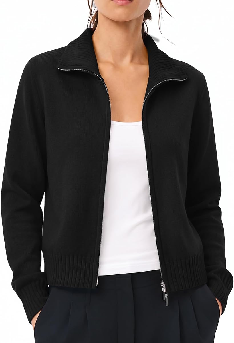 LOMON Cardigan Sweaters for Women, Two Way Zip Cropped Knit Jacket