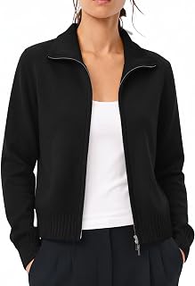 LOMON Zip Up Cardigan Sweaters for Women, Open Front Cropped Knit Jacket | 2026 Fall Outfit, Dual Way Full Zip, Cropped Mock Neck, Cotton Collared Sweater