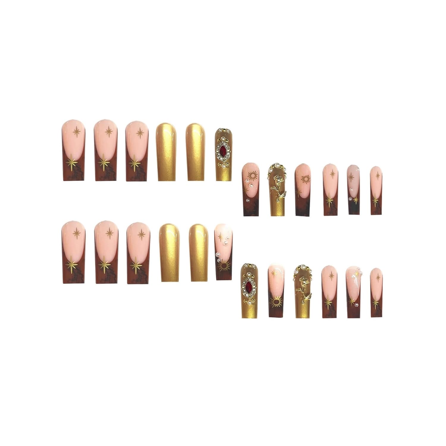 Long Press on Nails Square Fake Nails Bow Artificial Nail Pearl and Red Rhinestones Designs Gold Flowers Stick on Nail for Women 24pcs image 4