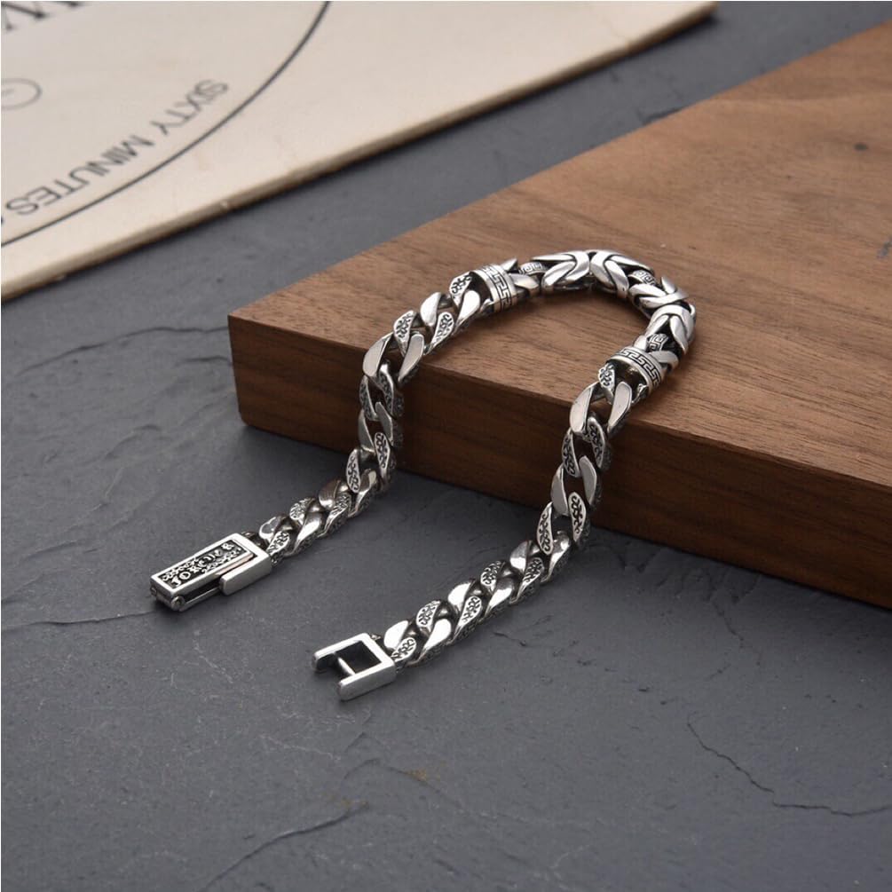 Masculine Stainless Steel Titanium Men’s Bracelet Chain with Tattoo Pattern, Retro Link Bangle Cuff for Males, 22cm (8.66 inch)
