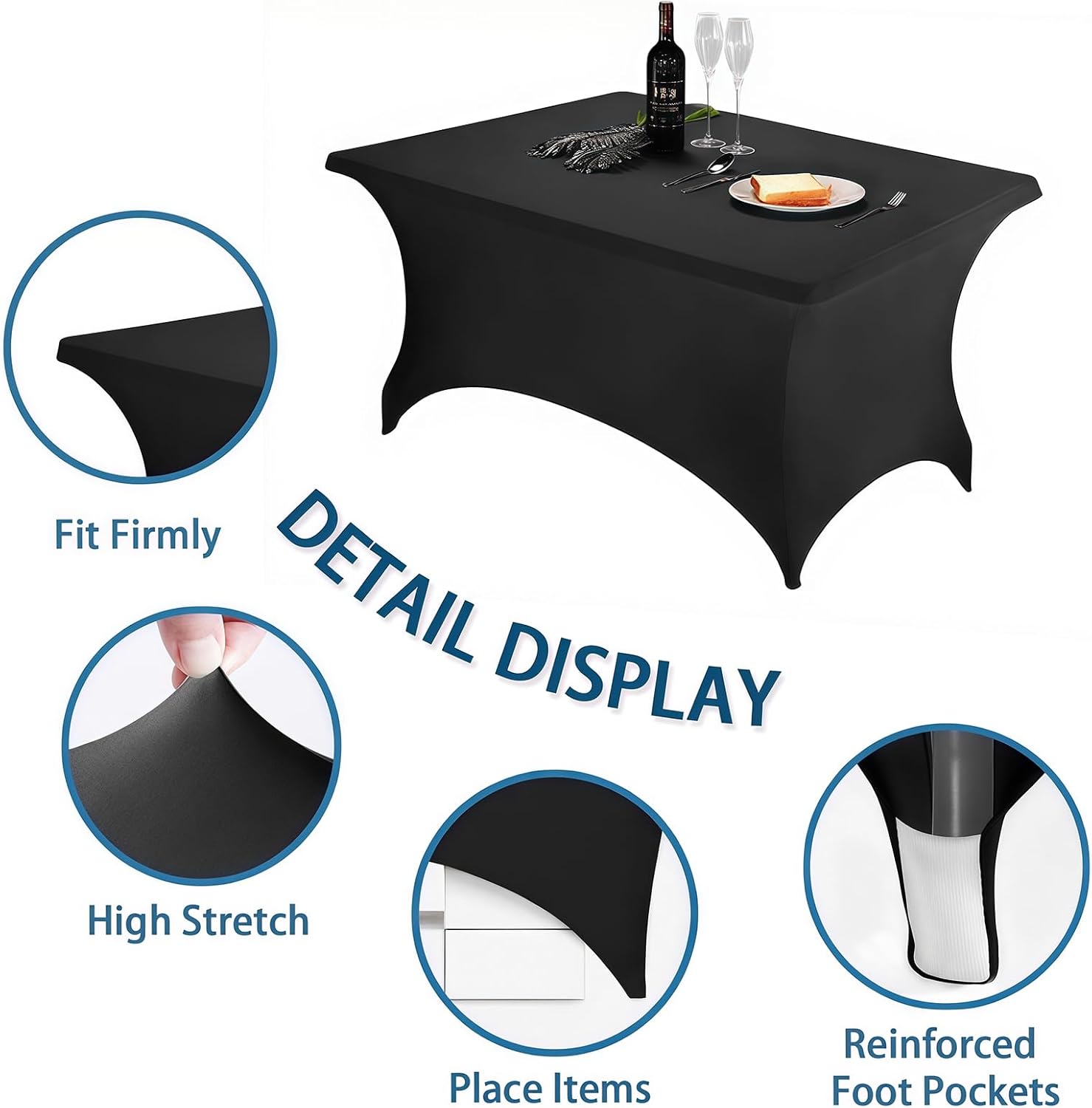4FT Black Table Cloth - 2 Pack, Fitted Stretch Rectangle Spandex Tablecloth, Washable Table Cover for Party, Dining, Wedding, Banquet and Festival(Black, 30" x 48")