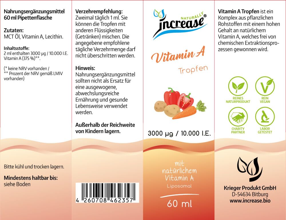 Liposomale Vitamin A Tropfen hochdosiert - (90.000µg pro Packung) 3000µg / 10.000 I.E. Vitamin A pro Tagesdosis -MCT Öl -Hohe Bioverfügbarkeit