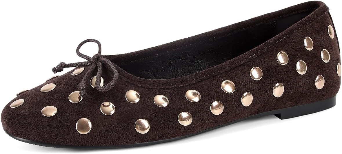 SOVANYOU Women's Studded Mary Jane Ballet Flats Closed Round Toe Flat with Bow Slip on Ballerina Flats Comfortable Walking Ballet Shoes Work Shoes