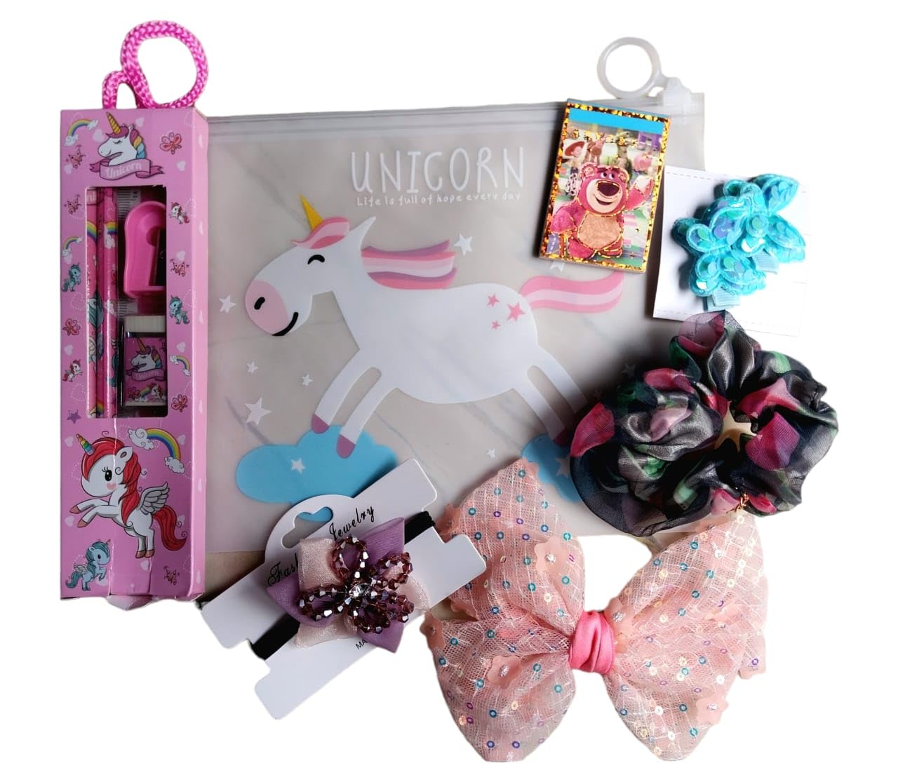 Safaira Toys Raksha Bandhan & Diwali Birthday Return Gift Pack for Girls - Includes Unicorn Pouch, Unicorn Stationery Set and All Types of Hair Accessories (RANDOM COLOUR AND DESIGN WILL COME) (B0D9DG1C2V) Amazon Price History, Amazon Price Tracker