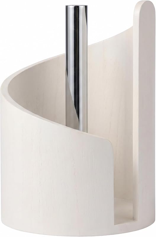 Paper Towel Holder Stand - Premium Wood Base with Metal Arm, Countertop Organizer for Kitchen & Dining Table Holds Mega Rolls, Rustic Home Decor-White
