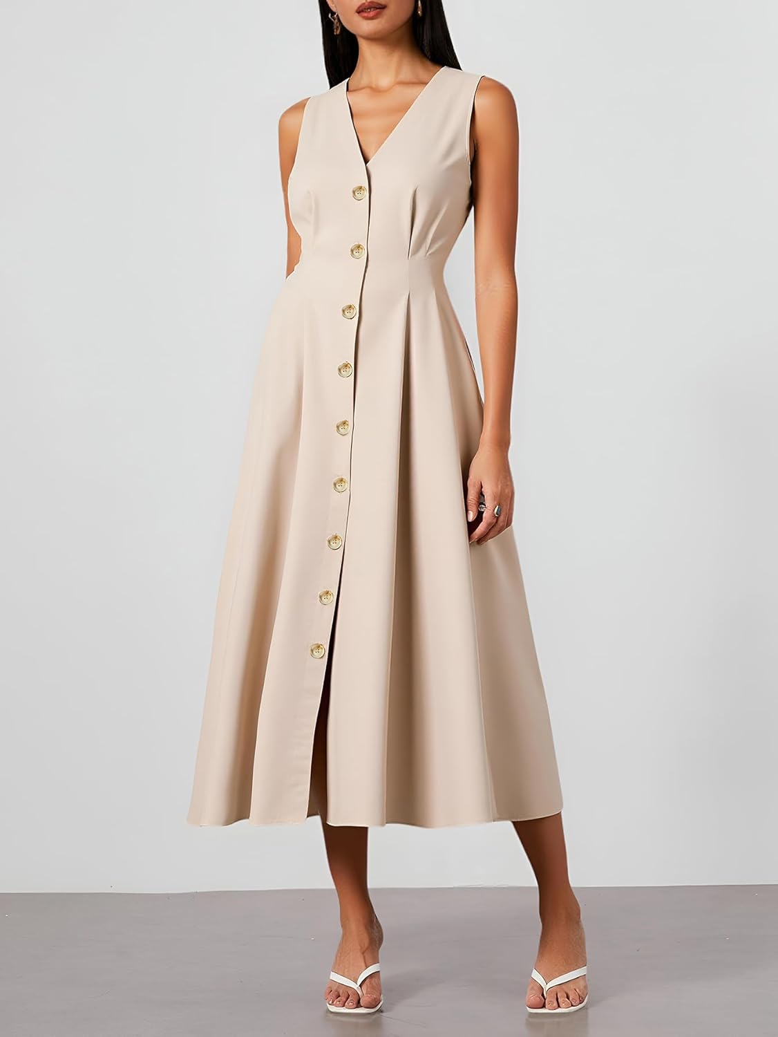 Women's Sleeveless Button Down Dresses Summer A Line Work Maxi Dress Formal Elegant Office Outfits