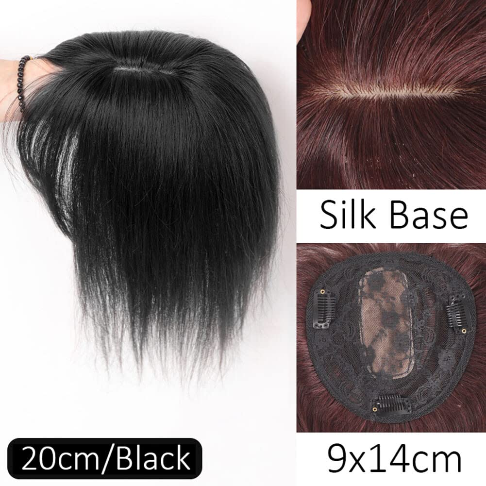 Clip de pelo humano real en parte Niddle Base de seda recta postizos con flecos (9x14cm, 20cm/negro)