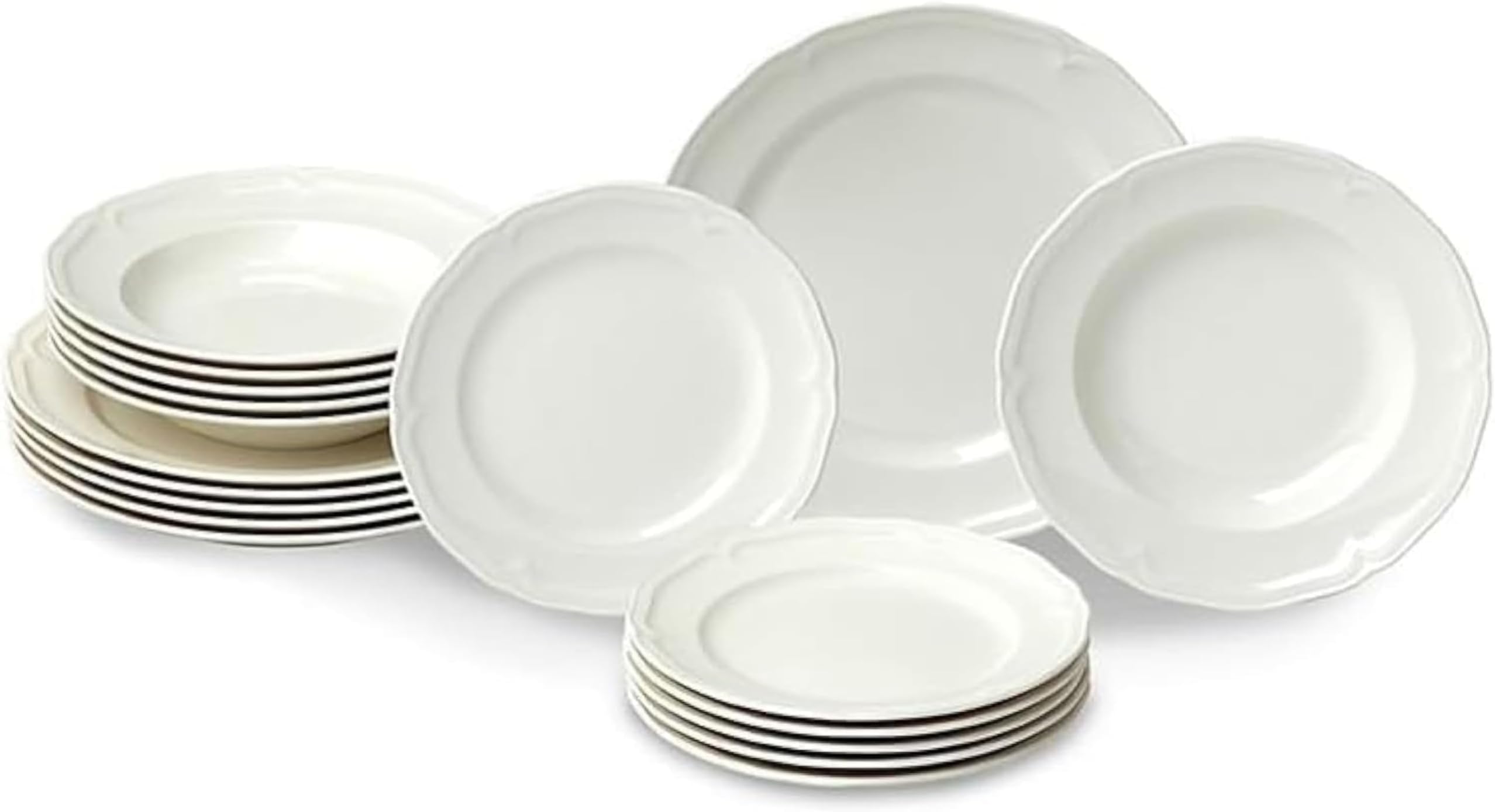 Manoir Collection 18-Piece Dinnerware Set, Plates & Bowls, Premium Porcelain, Made in Germany, Dishwasher & Microwave Safe, Rich, Creamy White