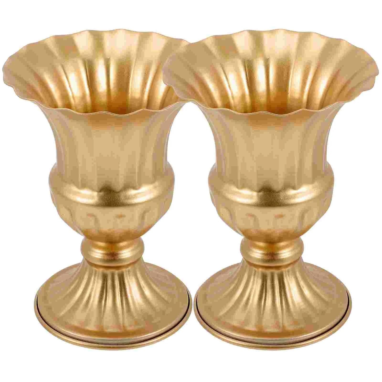 Grave Vase 2 Pcs Iron Flower Urn Planter Outdoor Cemetery Memorial Sturdy Graveyard Decorative Pot Lawn Headstone Container for cemetery(Golden)