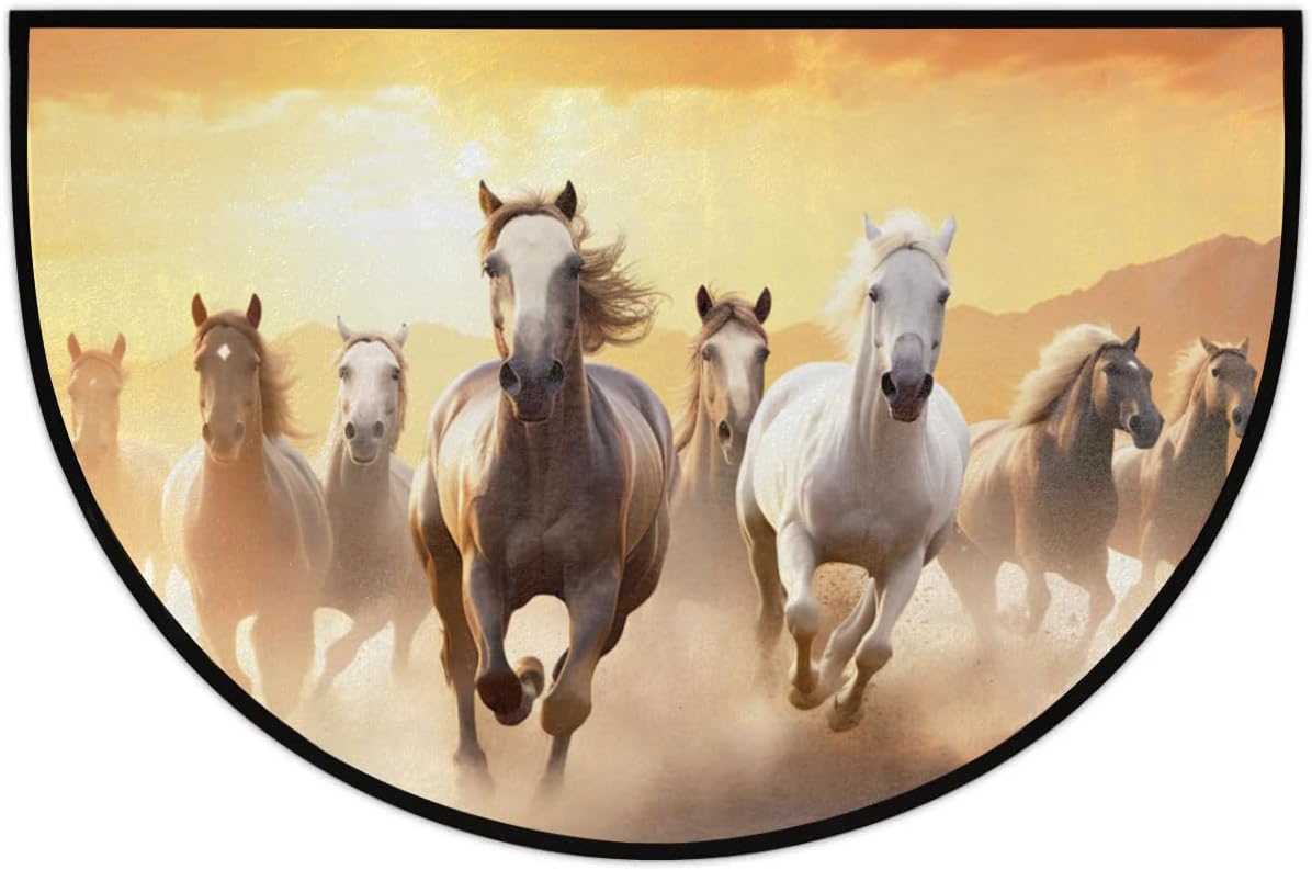 cfpolar Half Round Door Mat Running Horse Non-Slip Semi Circle Area Rug Washable Semi Circle Floor Rug for Indoor Outdoor Living Room Bathroom Kitchen Patio Hearth Rugs Home Decoration