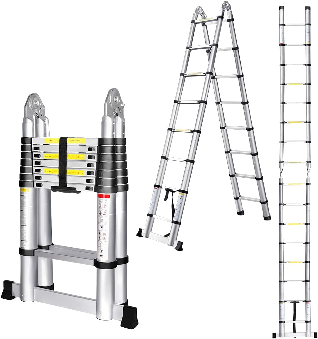 Gimify Telescoping Telescopic Extension Ladder 12.5 FT Aluminum Alloy Extendable Lightweight Ladder Steps Safety for Roofing Business, RV Outdoor Work, 330 lbs Capacity (16.5 FT)