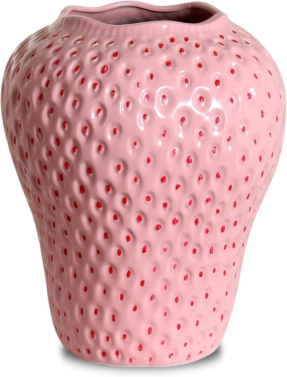 Strawberry vase Ceramic Decoration high Appearance Level Advanced hydroponic vase with Large Insert (Pink, Big)