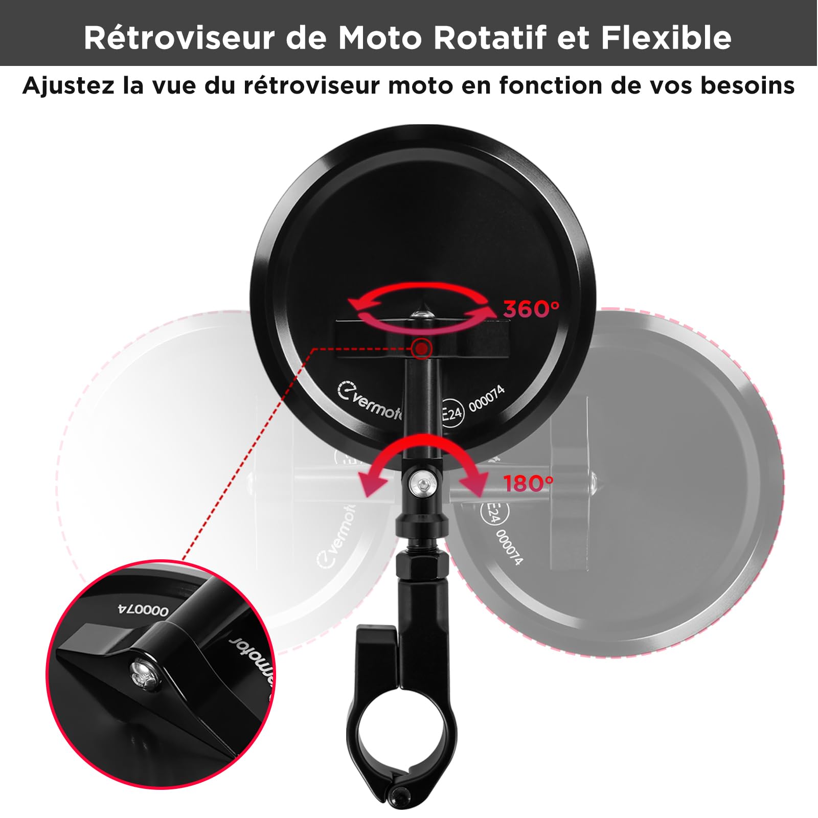 evermotor Rétroviseurs Moto Homologués E24 Aluminium CNC Réglables 360° avec Fixation à Pince pour Guidon 22 mm et 25,4 mm Sans Démontage 2pcs